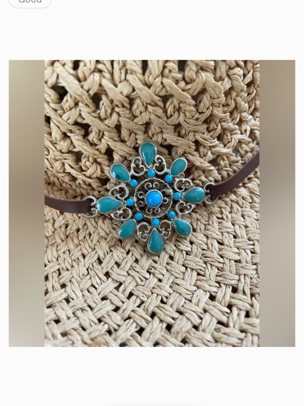 Women’s straw woven beachy cowboy hat turquoise detailing in center, chin strap - Picture 2 of 5